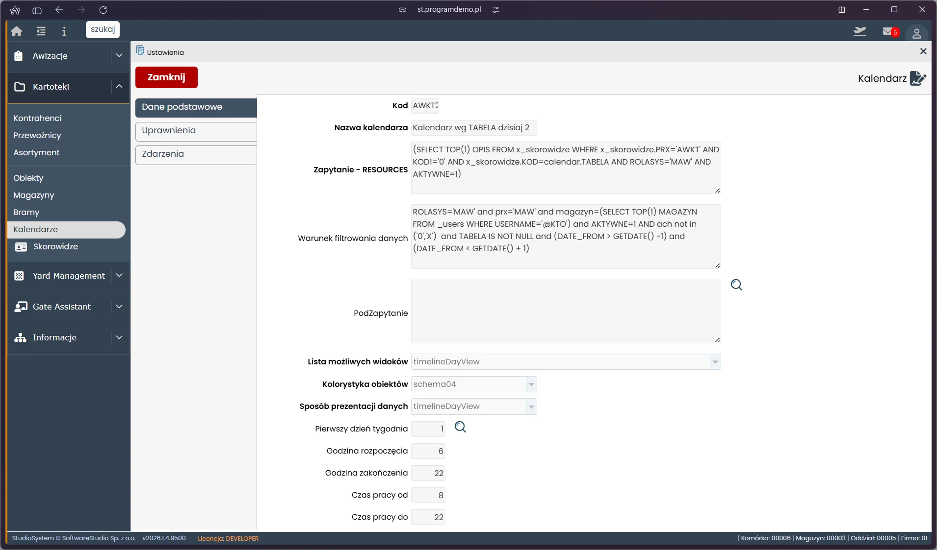 Studio VSS.net – Ustawienia kalendarza – zakładka Dane podstawowe z zapytaniem SQL