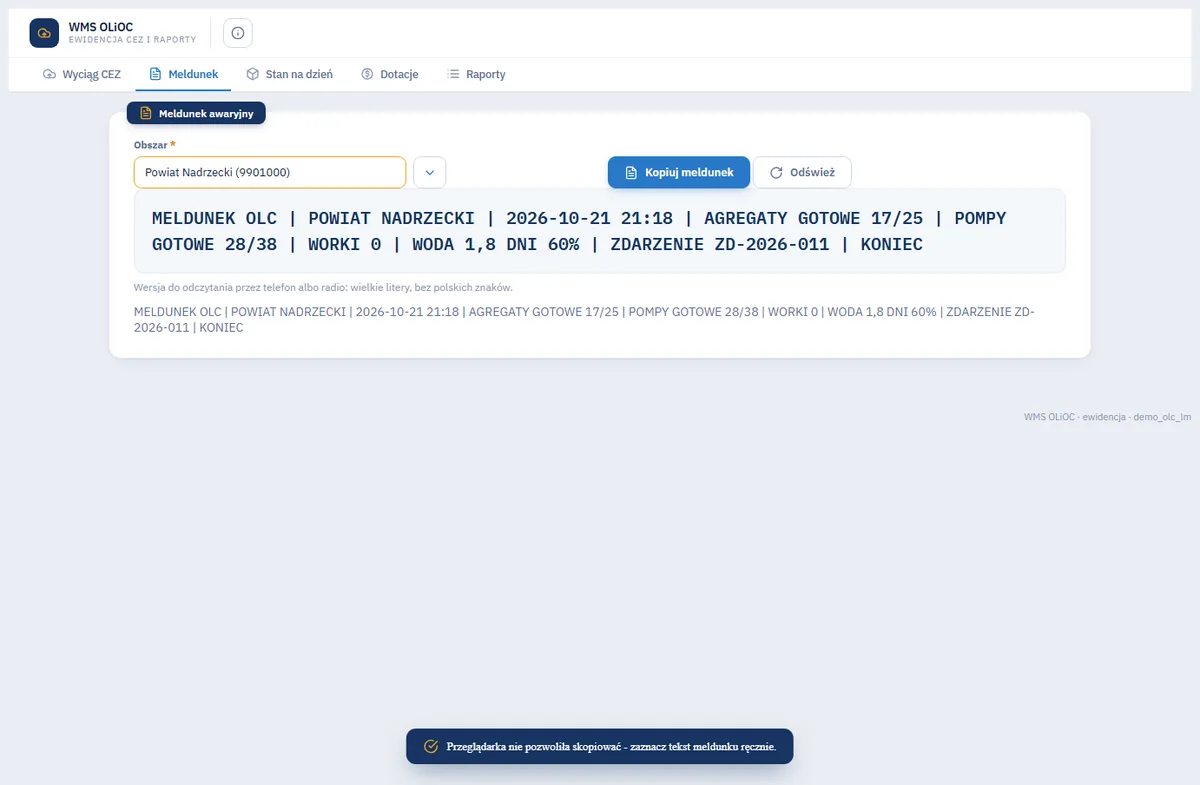 Meldunek awaryjny w WMS OLiOC do odczytania przez telefon lub radio