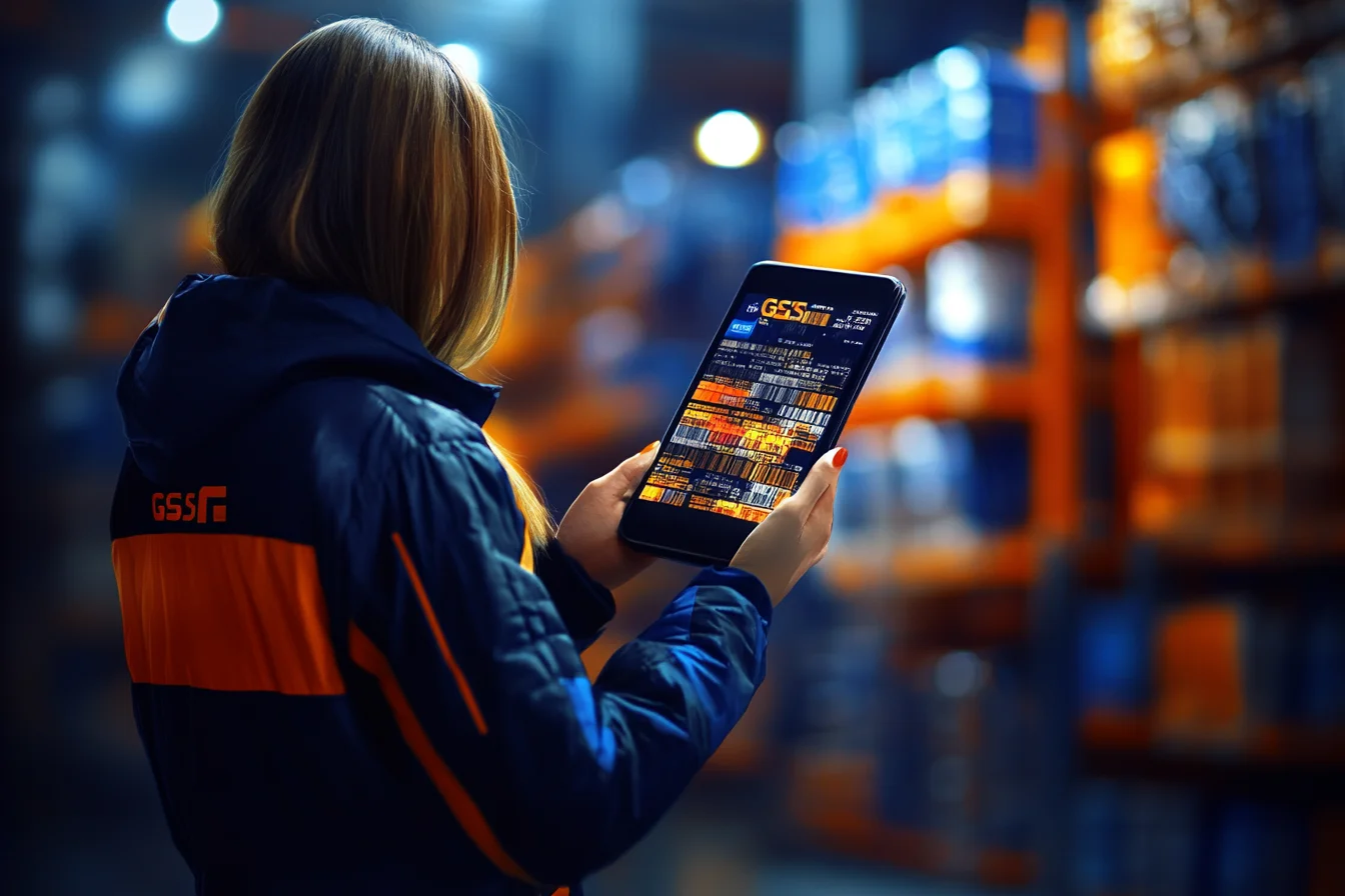 Pracownica magazynu w granatowej kurtce trzyma tablet z ekranem planu magazynu na tle regałów